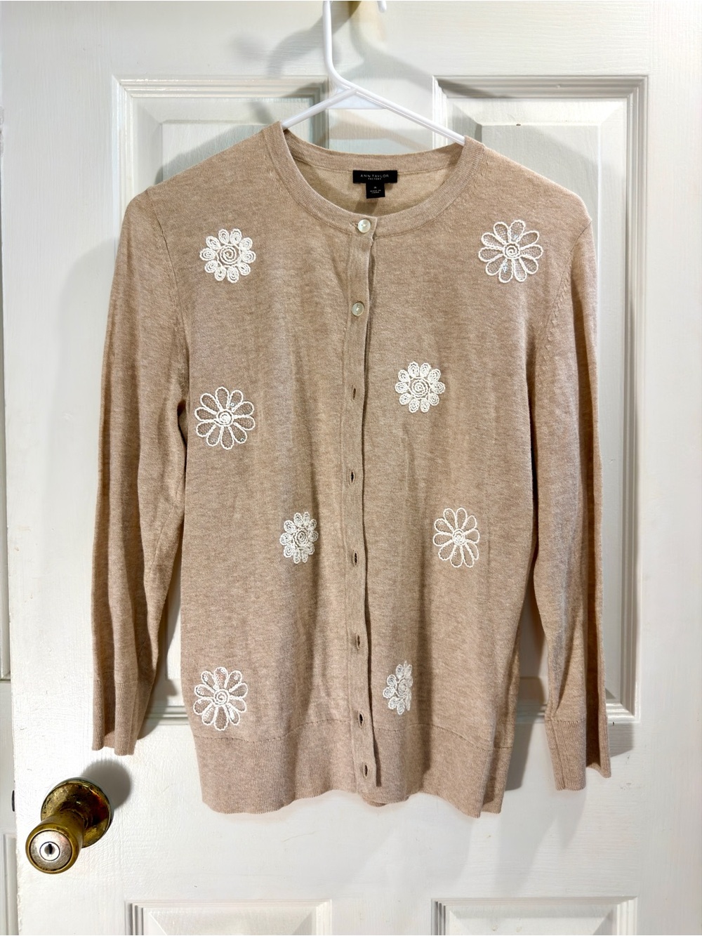 Ann Taylor Beige Cardigan with White Floral Iridescent Appliqué
